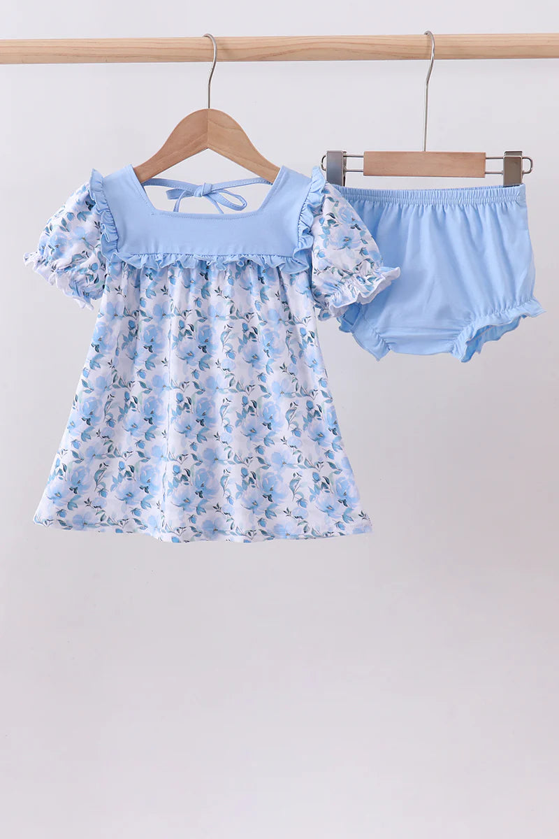 Blue Floral Ruffle Bloomer Set
