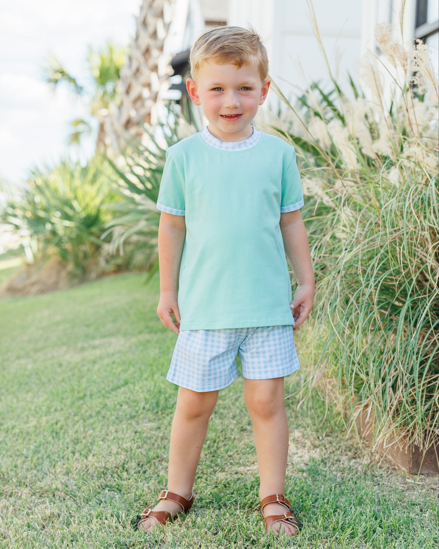 Mint and Light Blue Gingham Short Set
