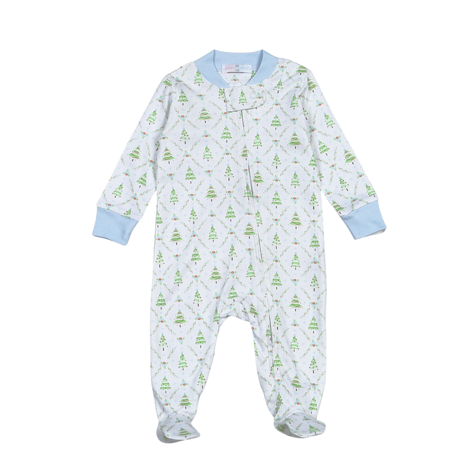 Holly Night Pima Zipper Footie- Light Blue