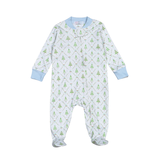 Holly Night Pima Zipper Footie- Light Blue