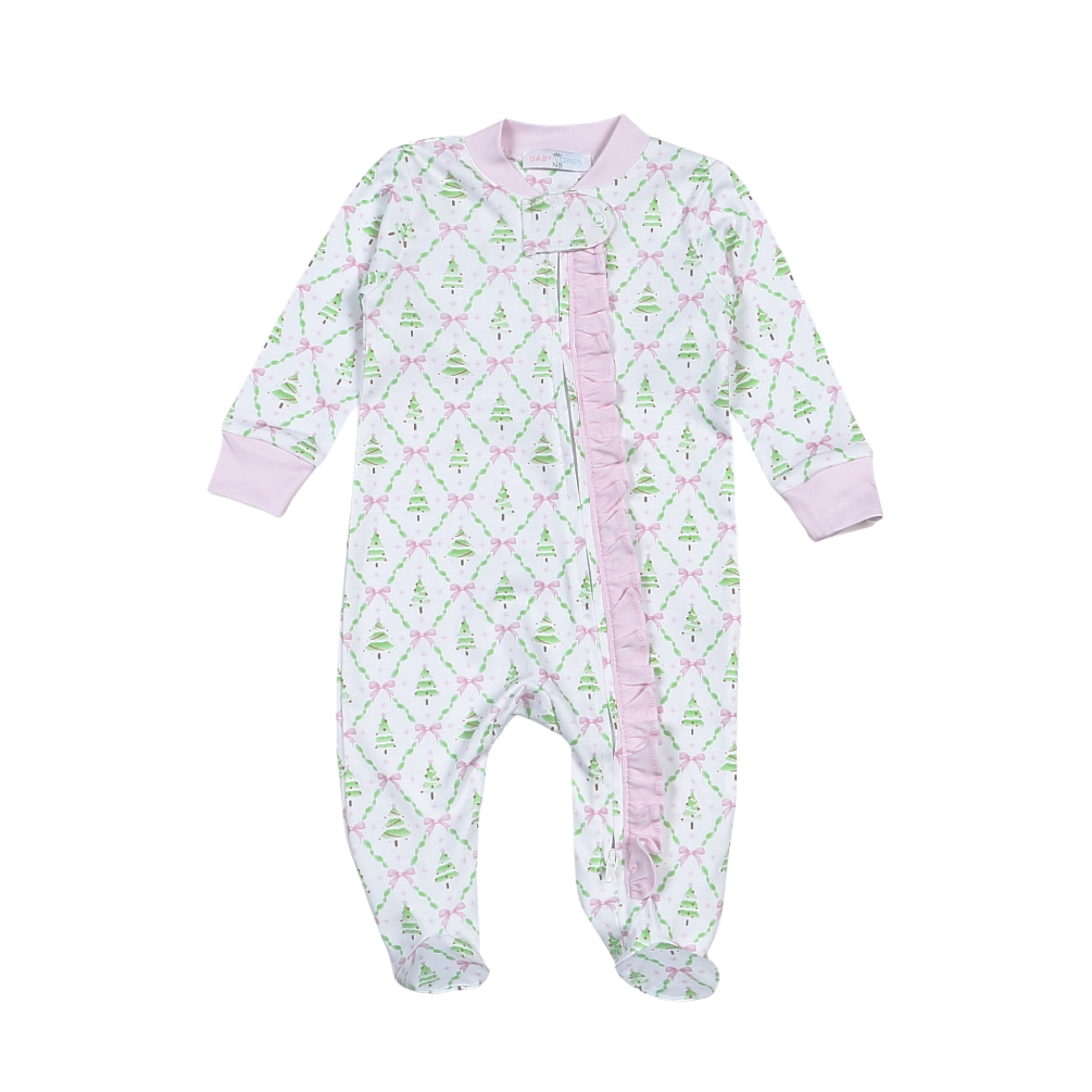 Holly Night Pima Zipper Footie- Pink
