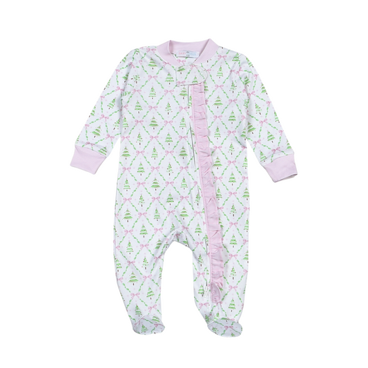 Holly Night Pima Zipper Footie- Pink