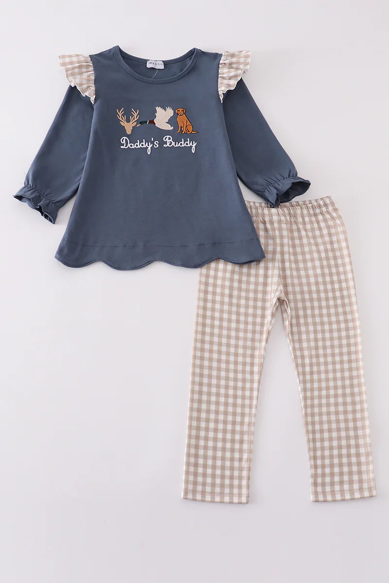 Navy Hunting Embroidery Ruffle Pants Set