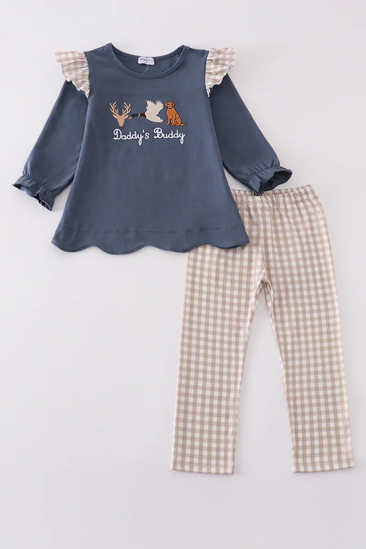 Navy Hunting Embroidery Ruffle Pants Set