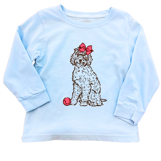 Doodle Dog with Bow Long Sleeve T-shirt- Light Blue