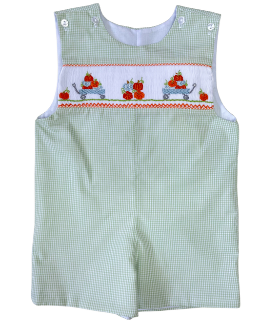 Pumpkin Wagon Green Gingham Smocked Shortall