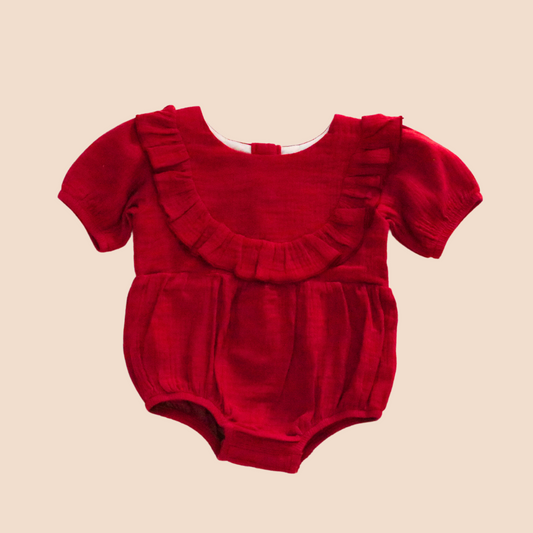 Ruffled Bib Romper- Cranberry