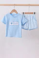 Blue I Love Mommy Embroidery Gingham Short Set